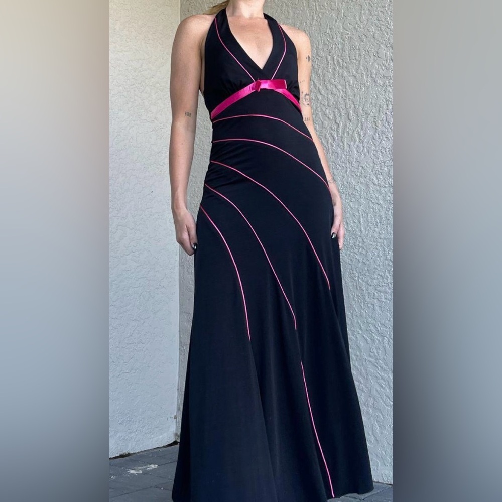 Love Tease Black Maxi Halter Dress with Pink Accents